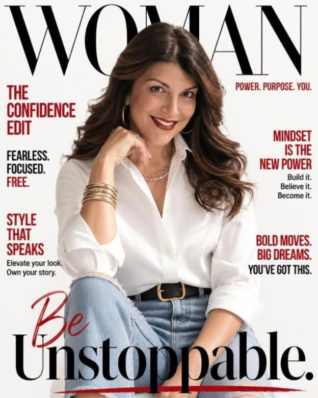 woman with brown hair smiling on the cover of magazine.